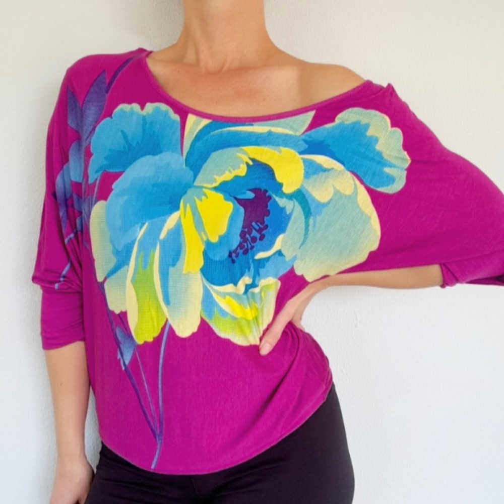One 7 Six purple floral off-shoulder dolman sleeve stretchy spandex top medium